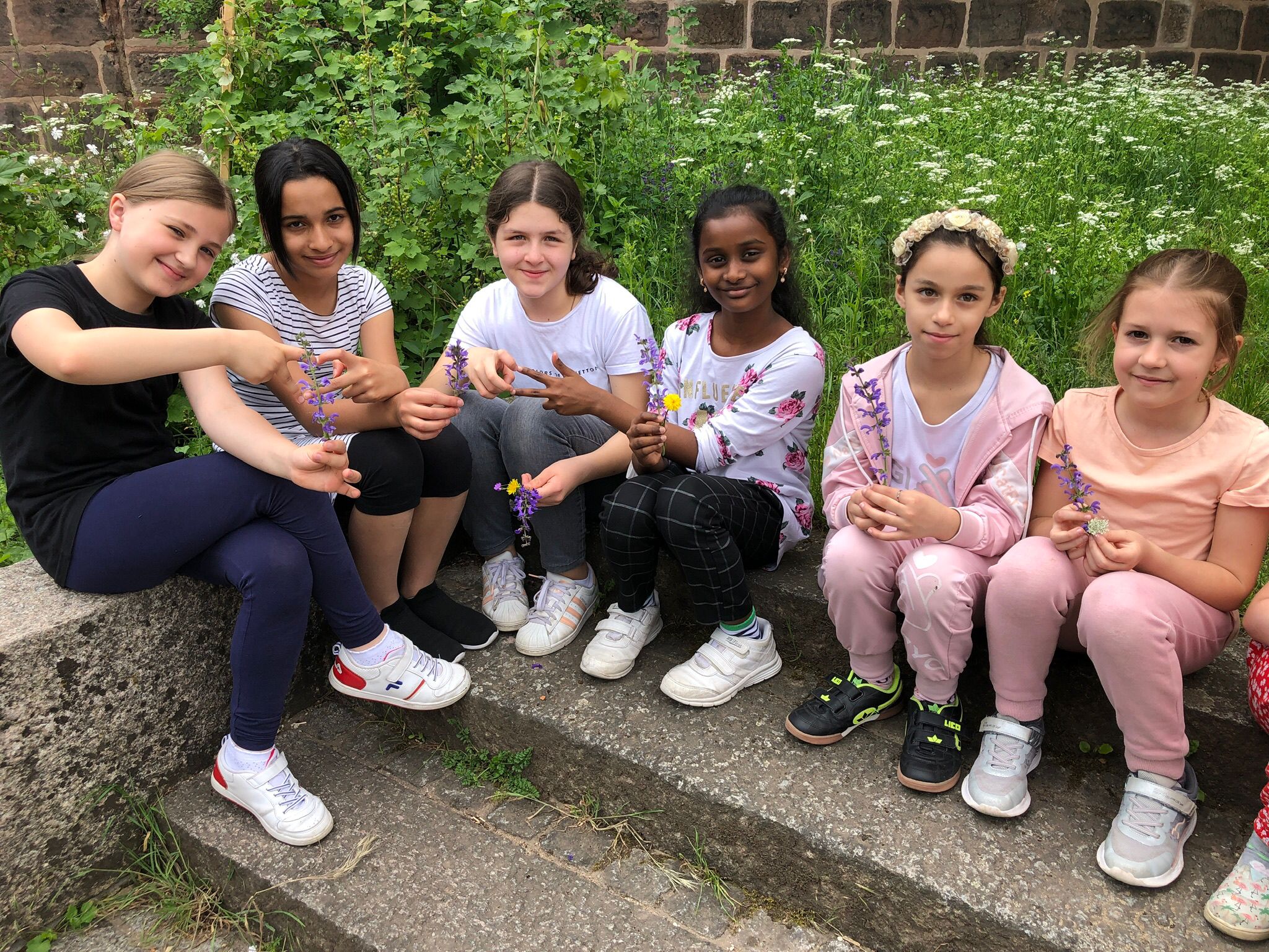 Schüler der Grundschule Paniersplatz mit Wildkräutern von der Mauer